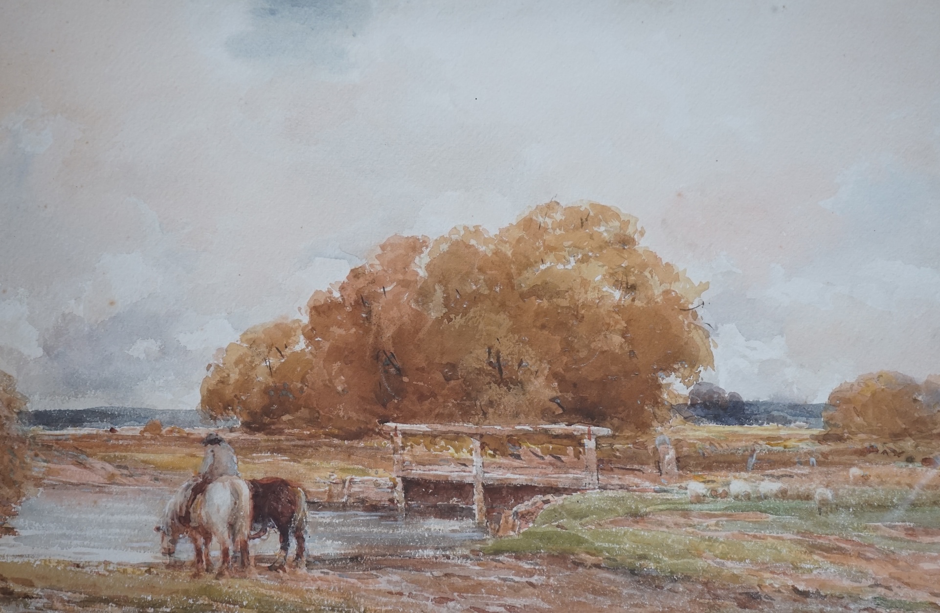 Claude Hayes (1852-1922), watercolour, ‘The Ford’, signed, 26 x 52cm, ornate gilt framed. Condition - fair